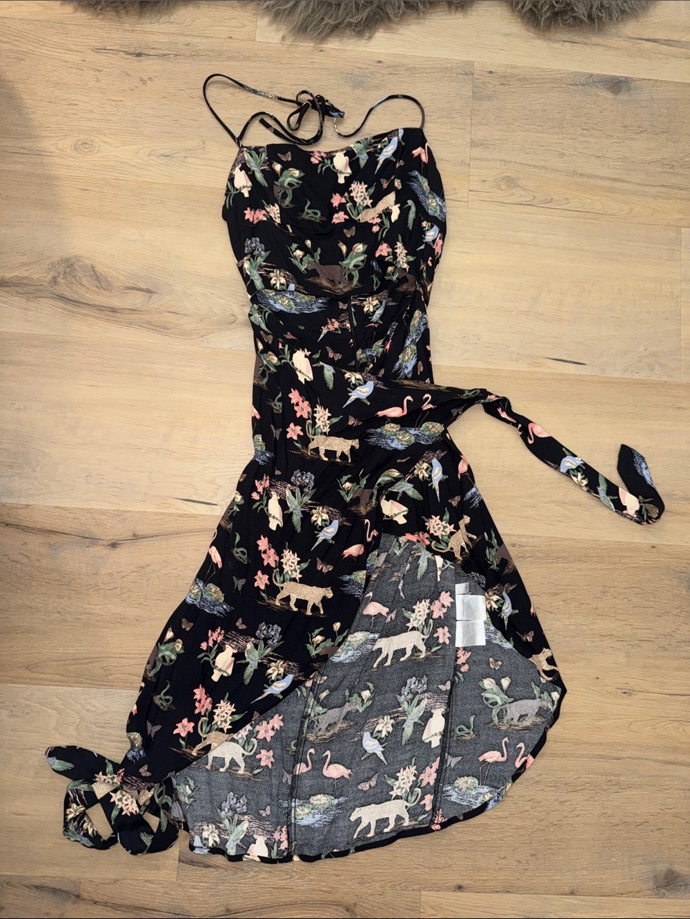 Reformation Black Floral & Animal Print Dress with Pink and Green Accents